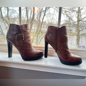 Luxury Rebel Pandora Brown Ankle Boots with Gold Buckles 4.5” Heel